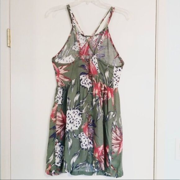 Roxy Green Tropical Hawaiian Print Criss Cross Strap Mini Dress - Picture 4 of 7